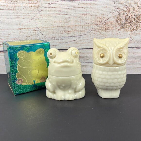 VTG Avon Owl and Frog Empty Powder Bottles Ivory Milk Glass 70's - Picture 2 of 8